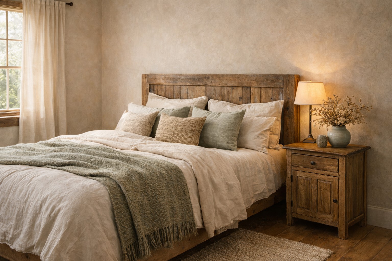 Chambre rustique au style campagne chic, ambiance douce et cocooning. Le lit est recouvert de draps en lin lavé dans des teintes naturelles