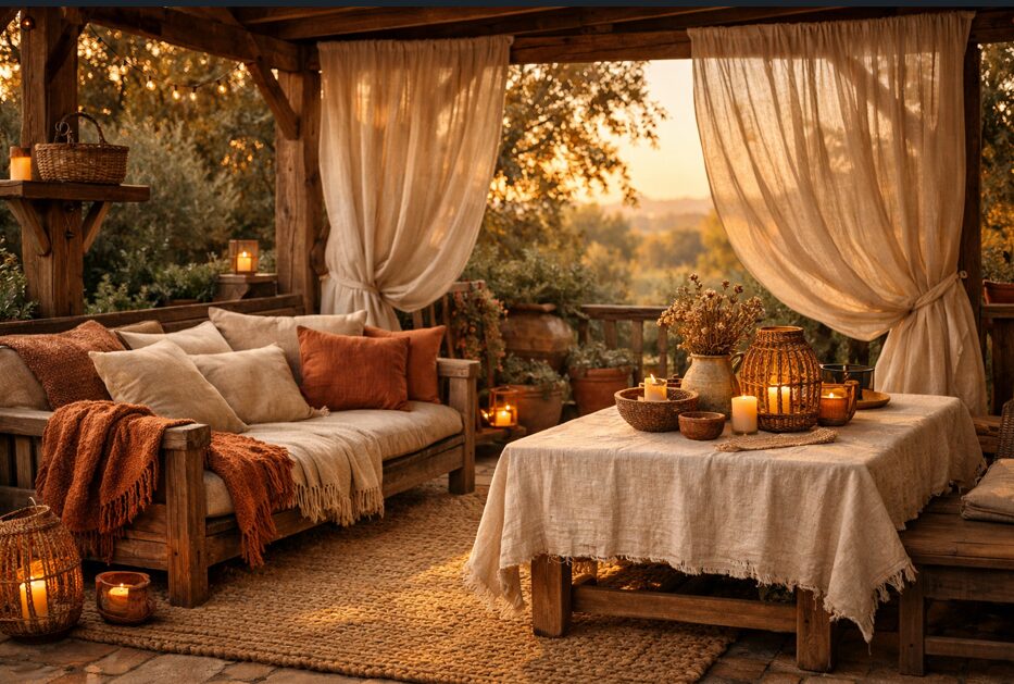 Intégrer des textiles chaleureux et confortables pour votre terrasse rustique