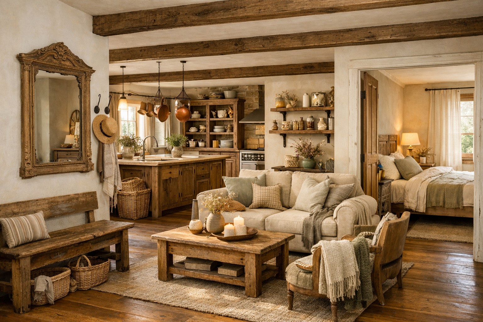 Intérieur de maison chaleureuse et baignée de lumière naturelle, illustrant la décoration rustique campagne Intérieur de maison chaleureuse et baignée de lumière naturelle, illustrant la décoration rustique campagne