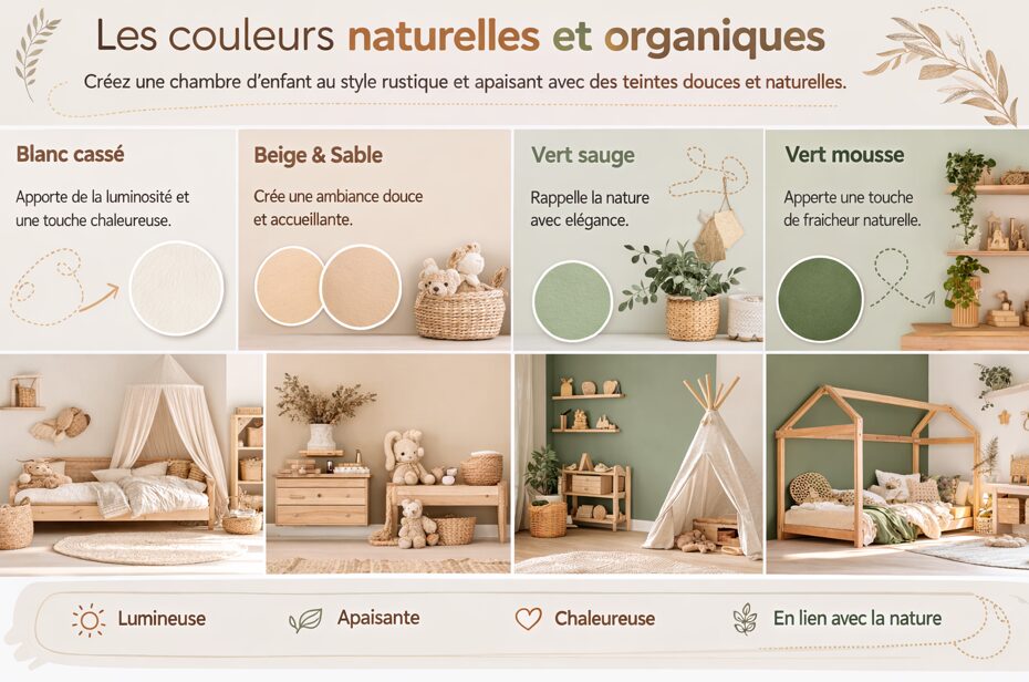Les couleurs naturelles sont la base d’une chambre d’enfant au style rustique. Elles permettent de créer un décor harmonieux et apaisant.
